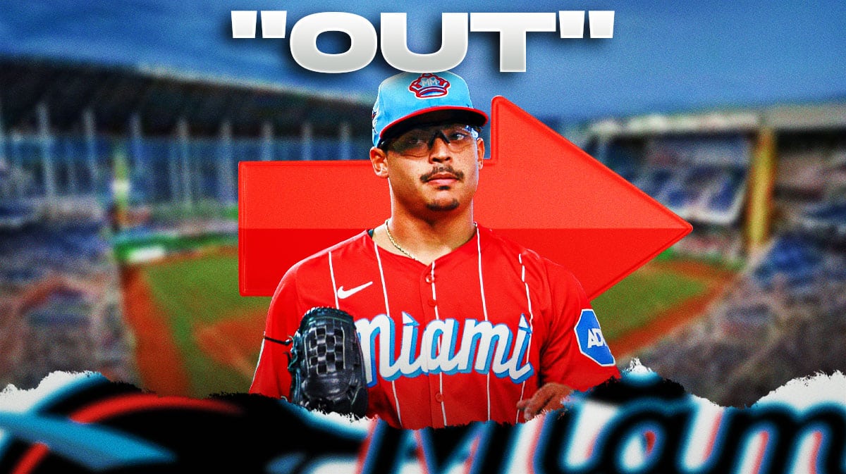 Jesus Luzardo with arrow pointing to his exit and word "OUT" over his head
