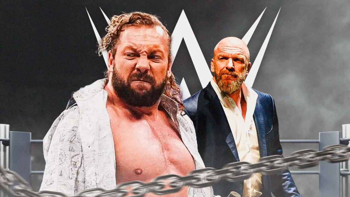 Kenny Omega next to Triple H with the WWE logo as the background.