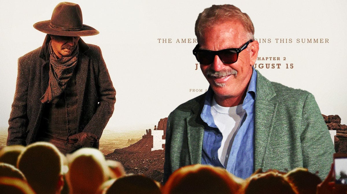 Kevin Costner and a poster for Horizon: An American Saga.