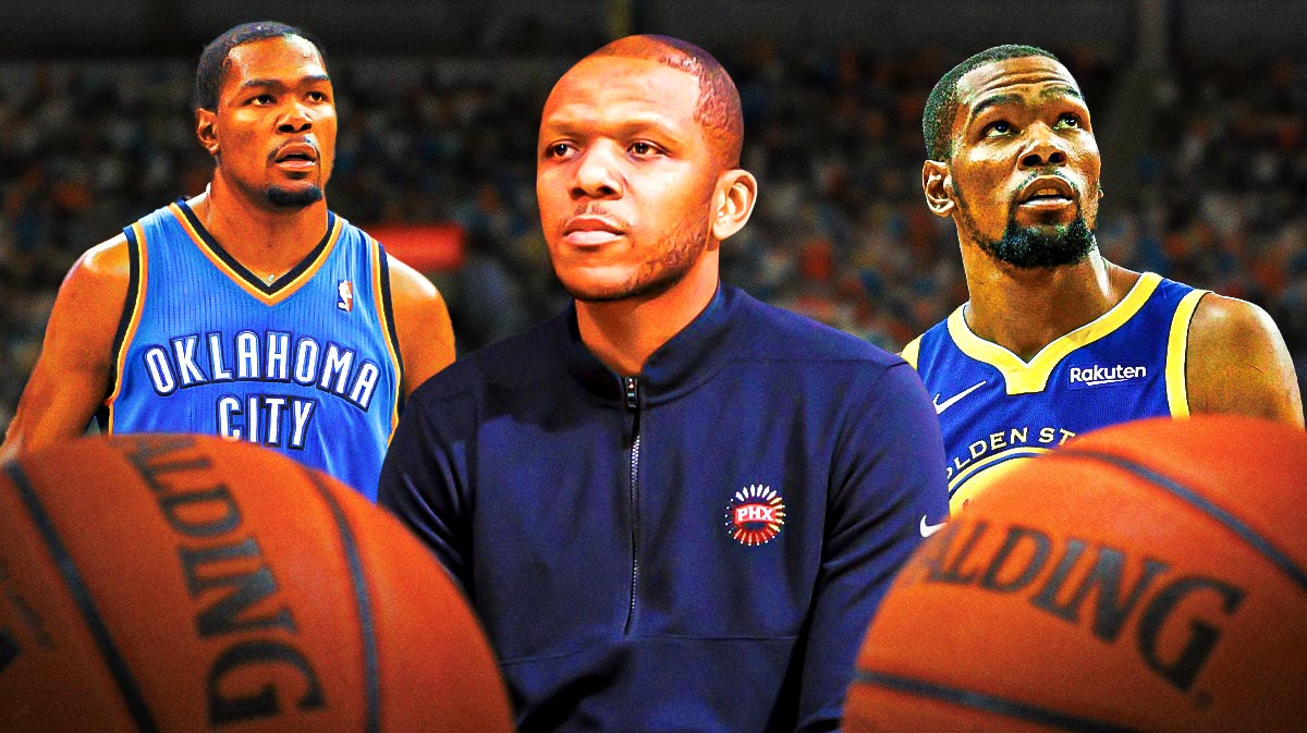 Phoenix Suns general manager James Jones with Kevin Durant in both a Thunder jersey and a Warriors jersey