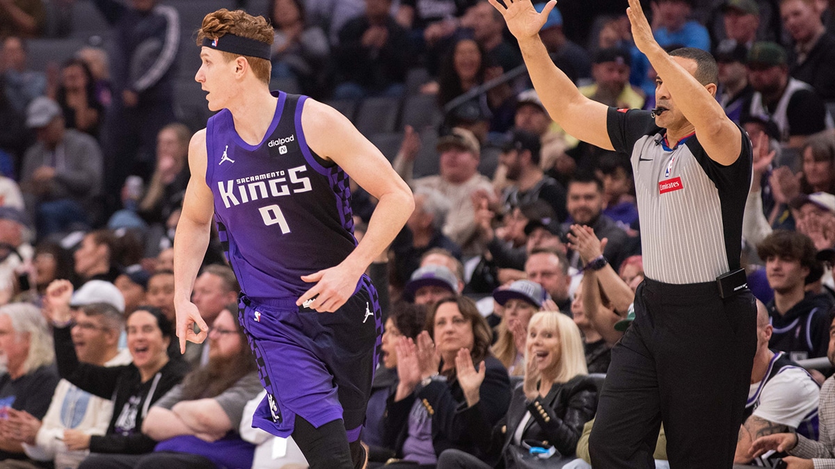  Sacramento Kings guard Kevin Huerter (9) jogs up the court after making a three-point basket during the first quarter at Golden 1 Center. 