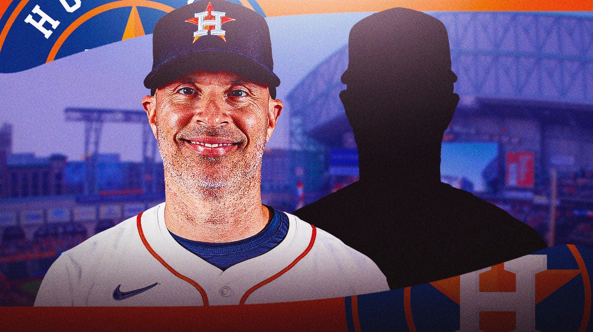 Joe Espada with mystery player silhouette. Astros stadium in background