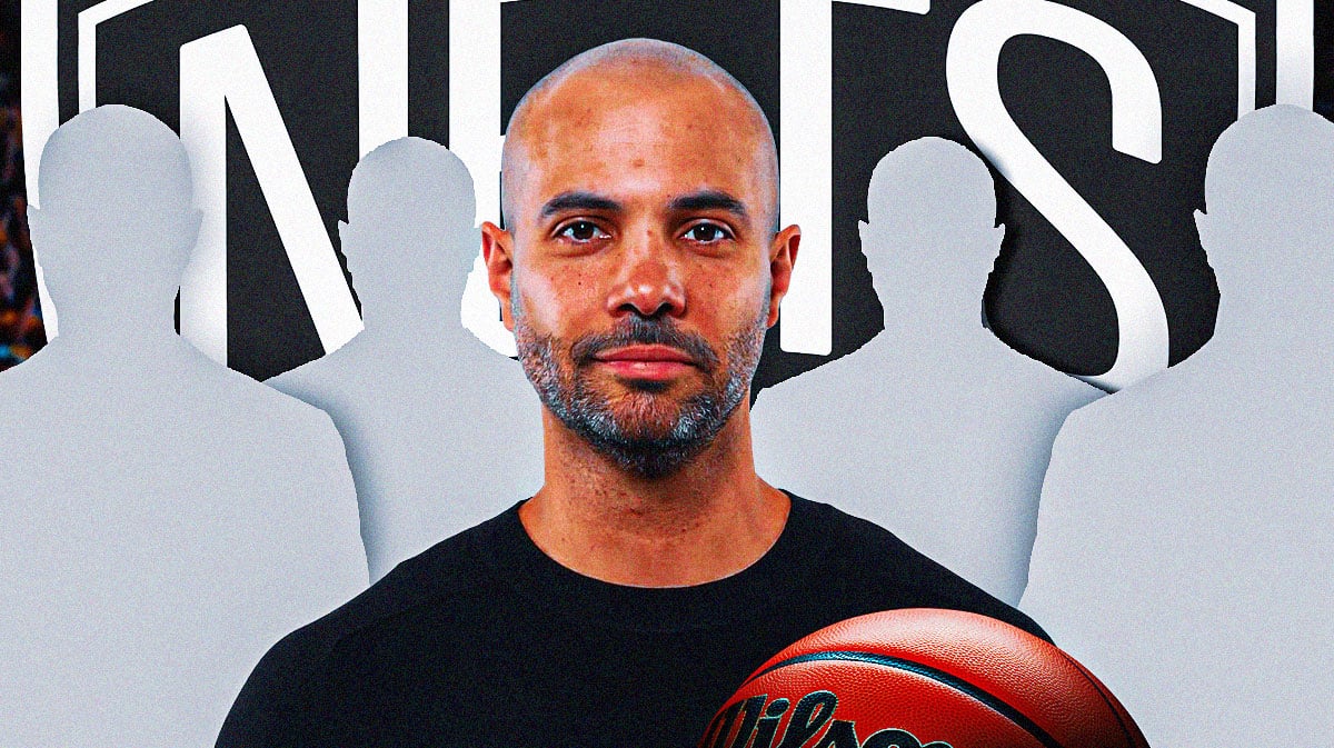 Jordi Fernandez with four coach silhouettes around him and a Nets logo background.