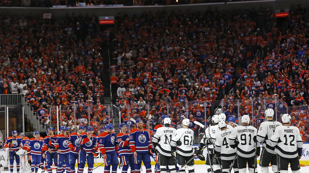 The Edmonton Oilers and the Los Angeles Kings shake hands after the Oilers 4-1 series win in game five of the first round of the 2024 Stanley Cup Playoffs at Rogers Place.