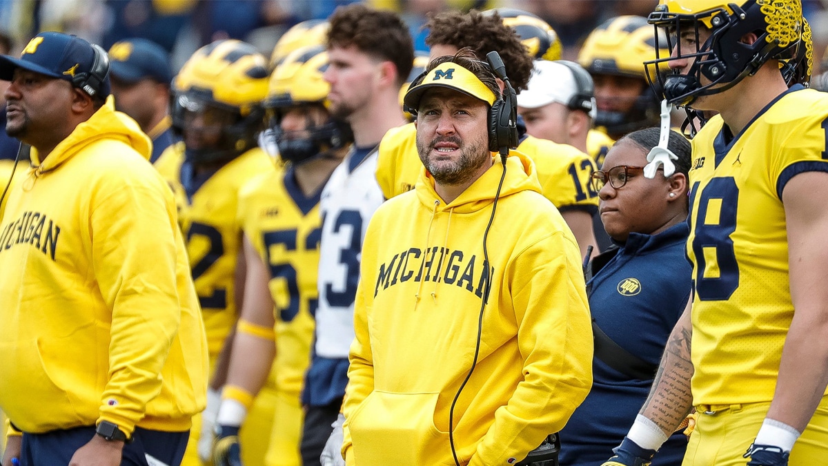 Maize Team head coach Kirk Campbell watches a play during the spring game at Michigan Stadium