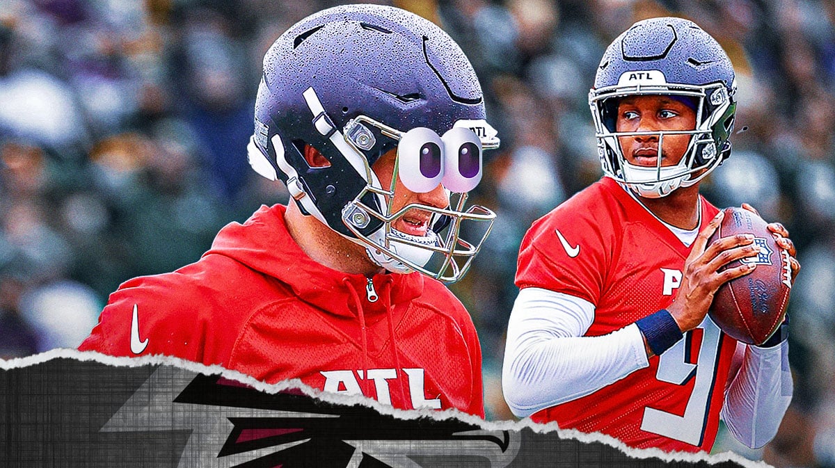 Falcons Kirk Cousins with emoji eyes looking at Michael Penix