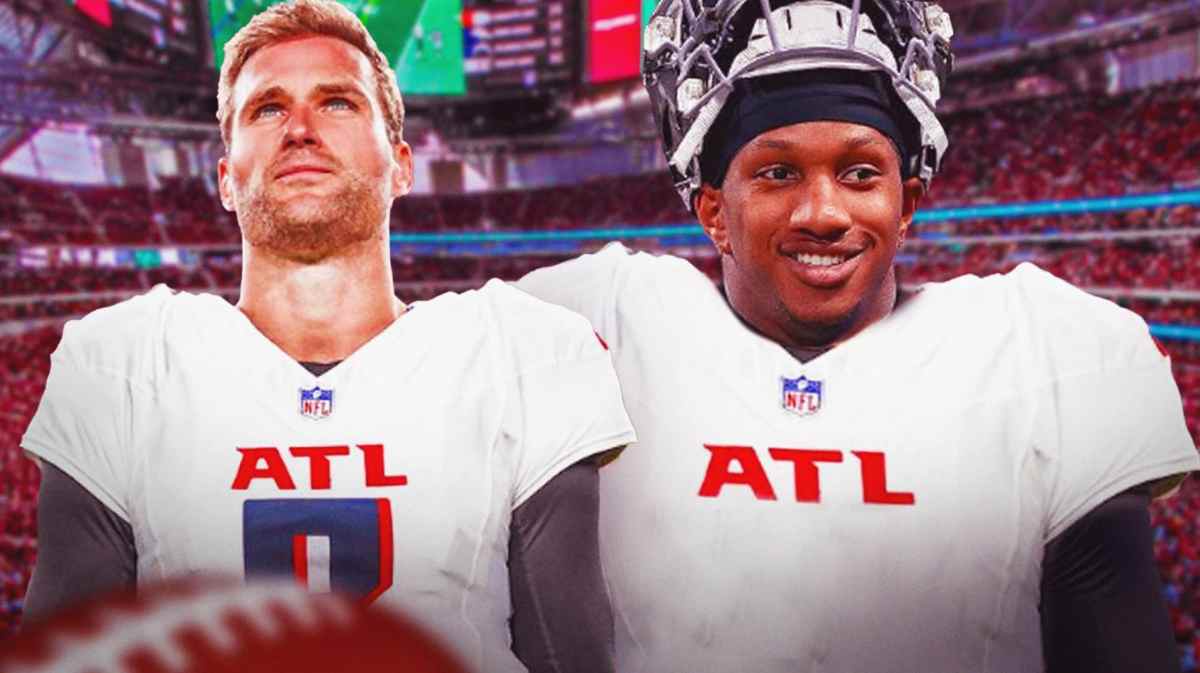 Kirk Cousins, Michael Penix Jr., Kirk Cousins Michael Penix Jr., Falcons, Kirk Cousins Falcons, Kirk Cousins and Michael Penix Jr. with Falcons stadium in the background