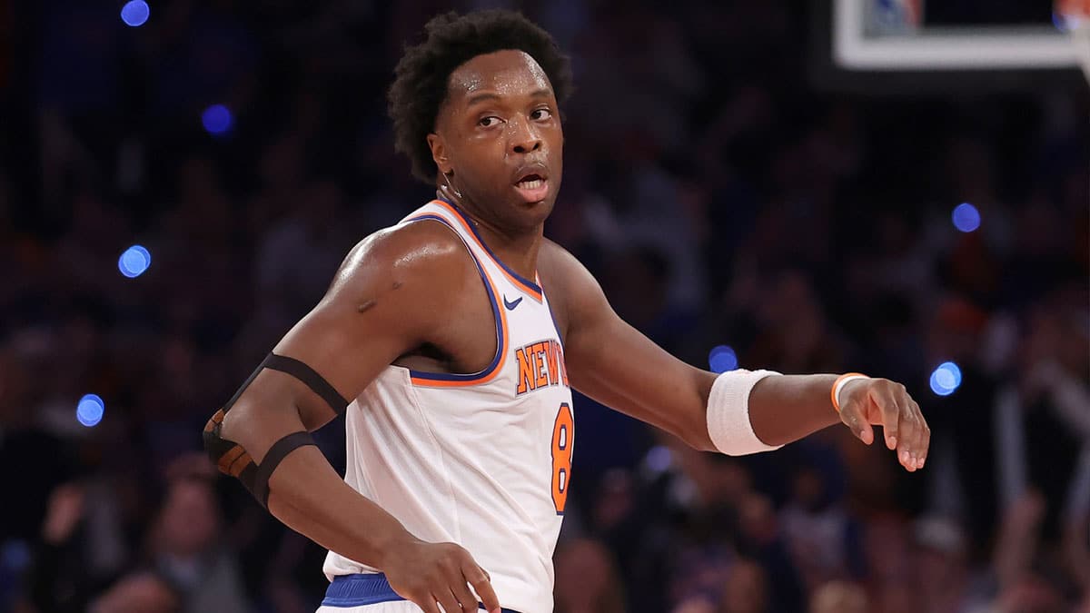 New York Knicks forward OG Anunoby (8) reacts after a basket during the second quarter of game one of the second round of the 2024 NBA playoffs against the Indiana Pacers at Madison Square Garden. 