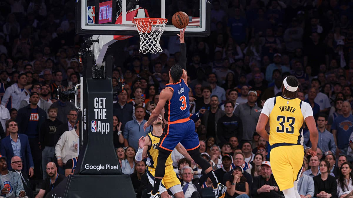  New York Knicks guard Josh Hart (3) lays the ball up in front ofIndiana Pacers center Myles Turner (33) during the first half during game five of the second round for the 2024 NBA playoffs at Madison Square Garden.