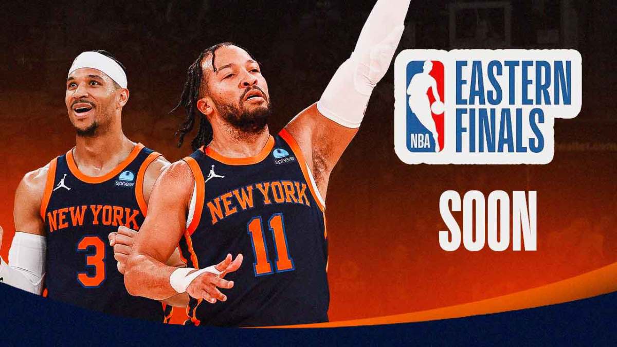 Knicks' Jalen Brunson and Josh Hart looking at the Eastern Conference Finals logo, with caption: SOON