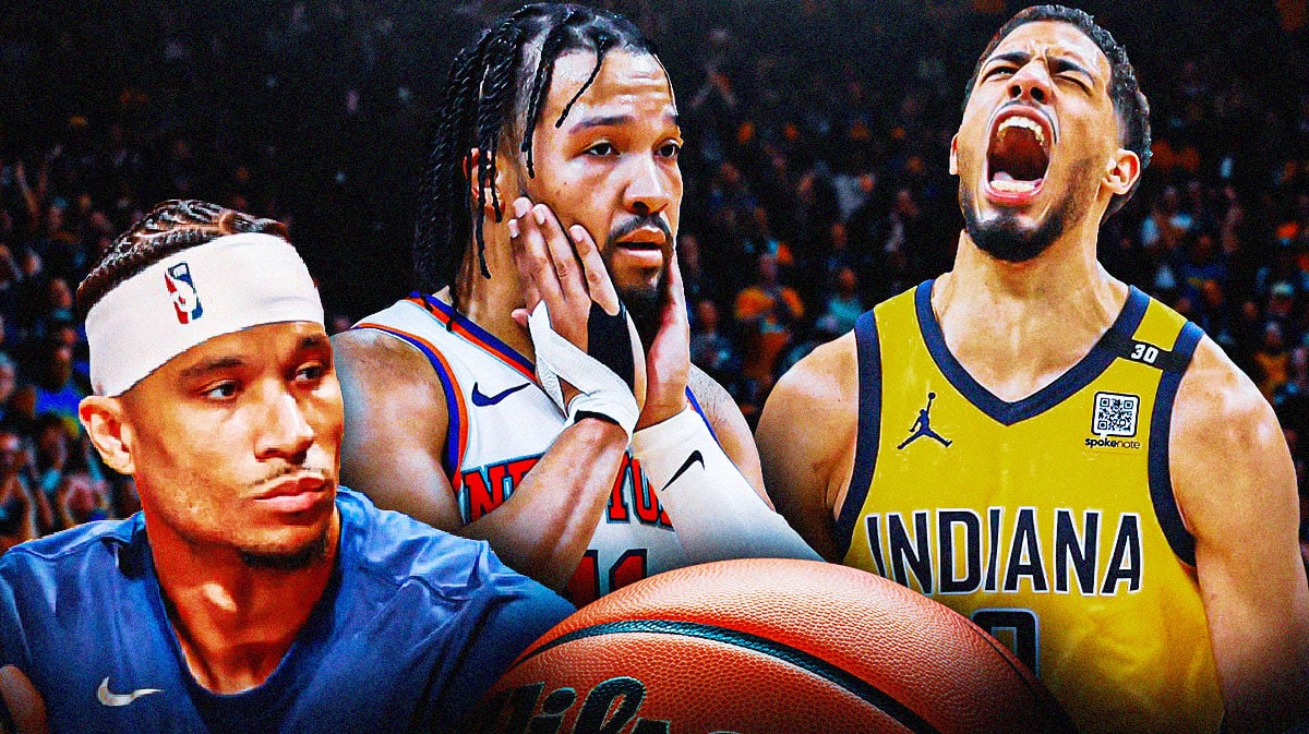 Need cover image of Josh Hart with towel over his head on bench (from Game 6), Jalen Brunson looking defeated, and Tyrese Haliburton shouting/celebrating. Any additional graphics that could signify a Game 7 would be great!
