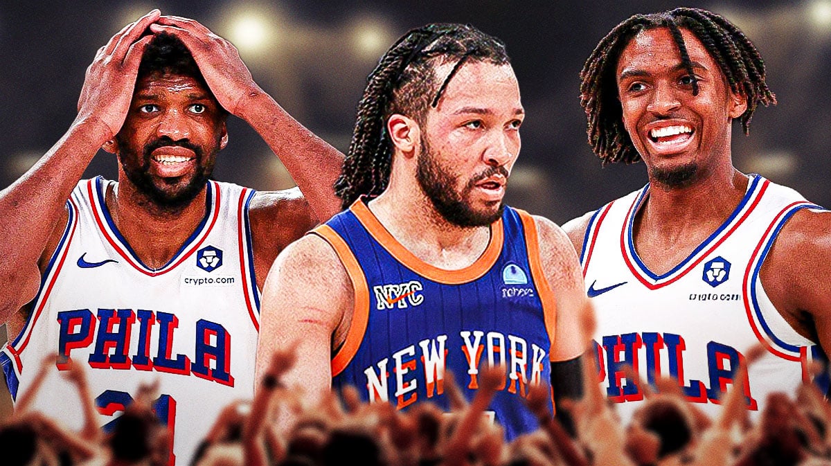 New York Knicks guard Jalen Brunson in between 76ers Joel Embiid and Tyrese Maxey