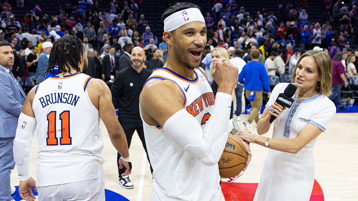 New York Knicks guard Josh Hart (3) walks off the court with a game ball after a series clinching victory against the Philadelphia 76ers in game six of the first round for the 2024 NBA playoffs at Wells Fargo Center