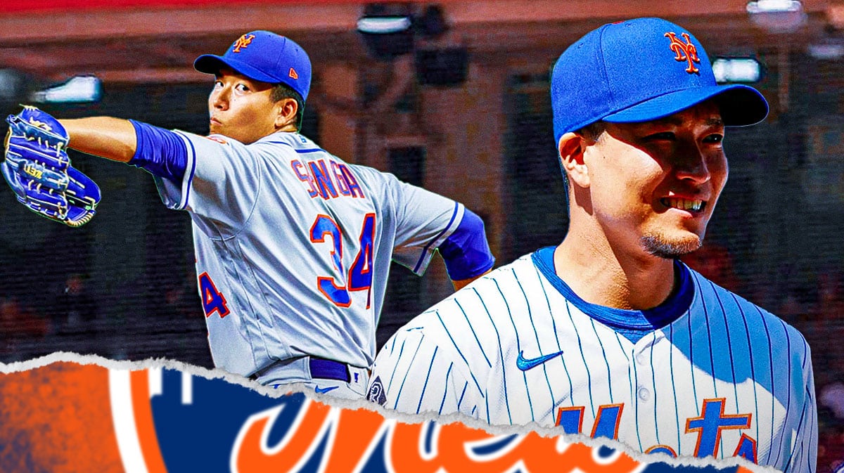 Mets' Kodai Senga pitching a baseball in background at Citi Field (Mets field). Then, also have Kodai Senga in front.