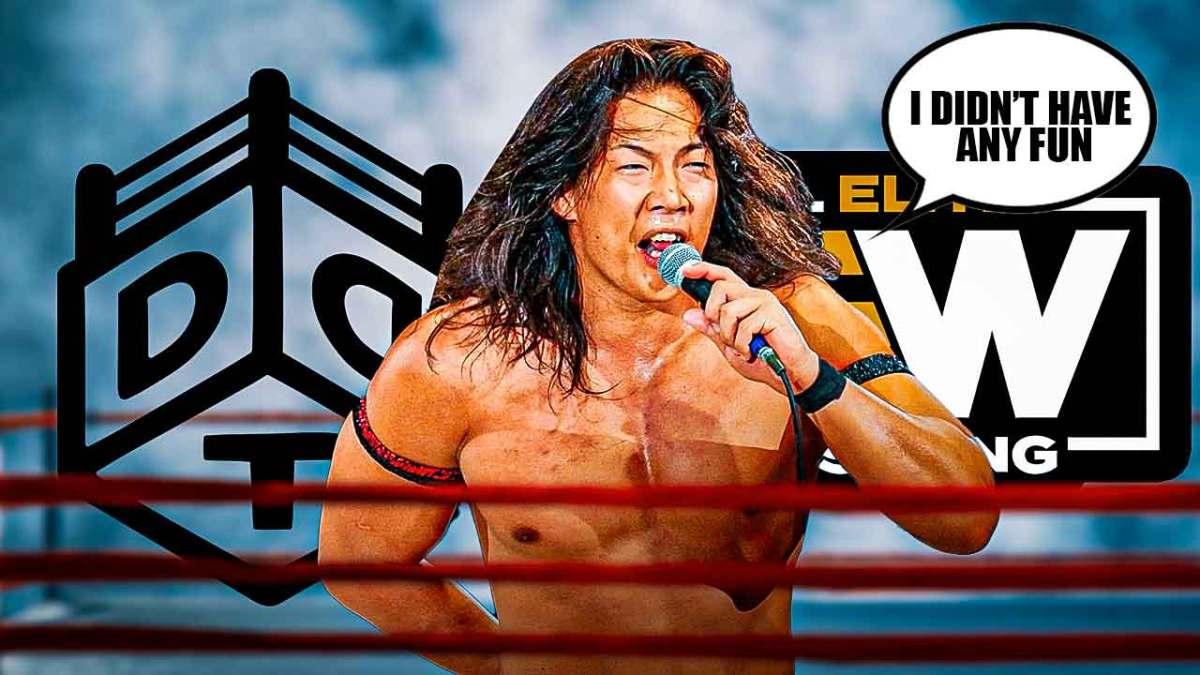 Konosuke Takeshita with a text bubble reading "I didn’t have any fun" with half of the background as the DDT Pro Wrestling logo and the AEW logo as the other half.