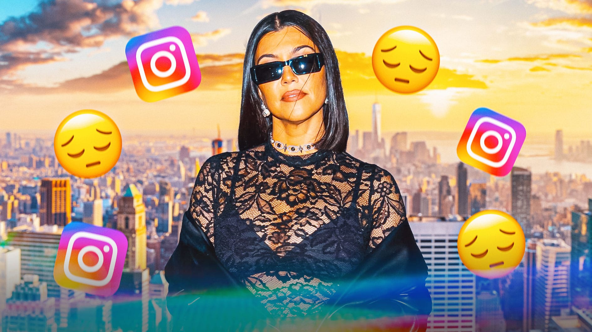 Kourtney Kardashian with Instagram logos and sad face emojis