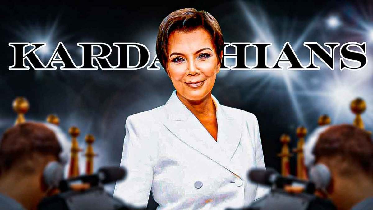 Kris Jenner with a serious face and 'The Kardashians' logo behind them