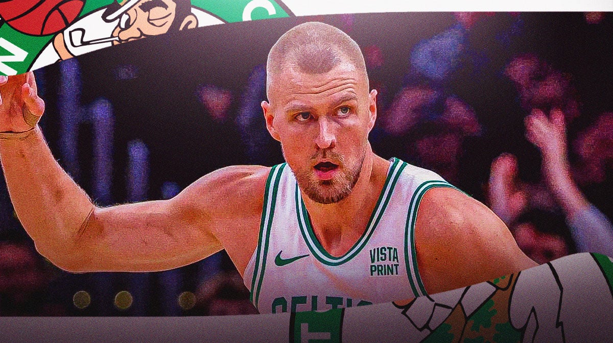 Kristaps Porzingis with the Celtics arena in the background, injury