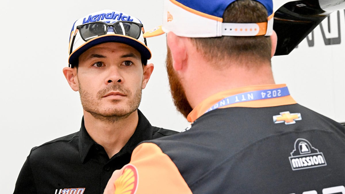 Arrow McLaren/Rick Hendrick driver Kyle Larson (17) talks in his garage Sunday, May 26, 2024, ahead of the 108th running of the Indianapolis 500 at Indianapolis Motor Speedway.