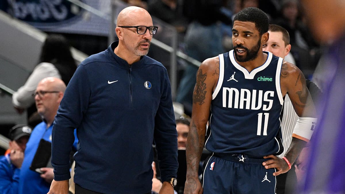  Dallas Mavericks head coach Jason Kidd talks with guard Kyrie Irving (11) during the first quarter against the Sacramento Kings at the American Airlines Center. 