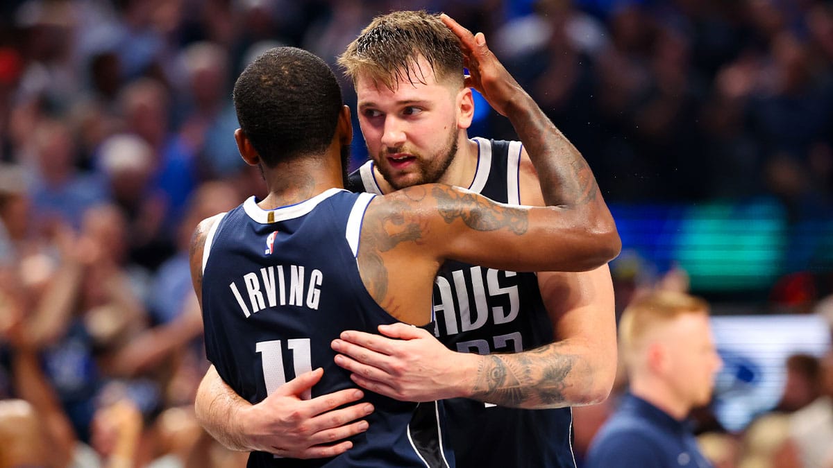 Dallas Mavericks guard Luka Doncic (77) celebrates with Dallas Mavericks guard Kyrie Irving (11) during the second half against the Oklahoma City Thunder during game three of the second round for the 2024 NBA playoffs at American Airlines Center.