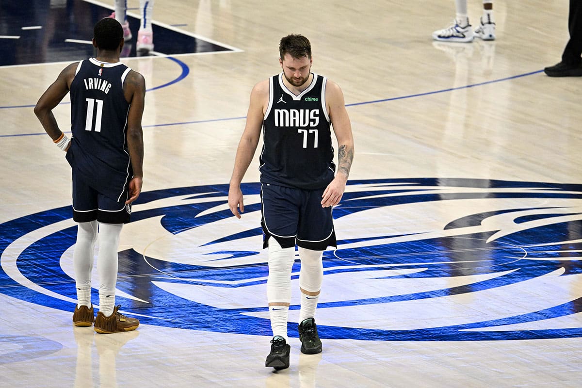 Dallas Mavericks guard Luka Doncic (77) walks off the floor after the game between the Mavericks and the Minnesota Timberwolves in game four of the western conference finals for the 2024 NBA playoffs at American Airlines Center. 