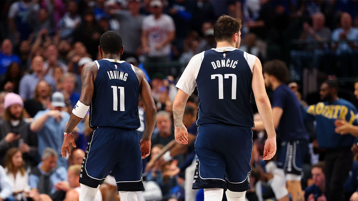 Dallas Mavericks guard Kyrie Irving (11) and Dallas Mavericks guard Luka Doncic (77) during the second half against the LA Clippers during game four of the first round for the 2024 NBA playoffs at American Airlines Center.