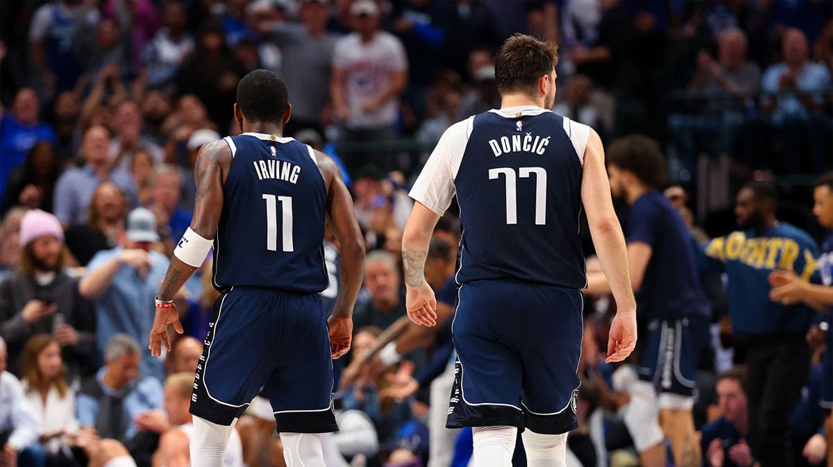 Dallas Mavericks guard Kyrie Irving (11) and Dallas Mavericks guard Luka Doncic (77) during the second half against the LA Clippers during game four of the first round for the 2024 NBA playoffs at American Airlines Center.