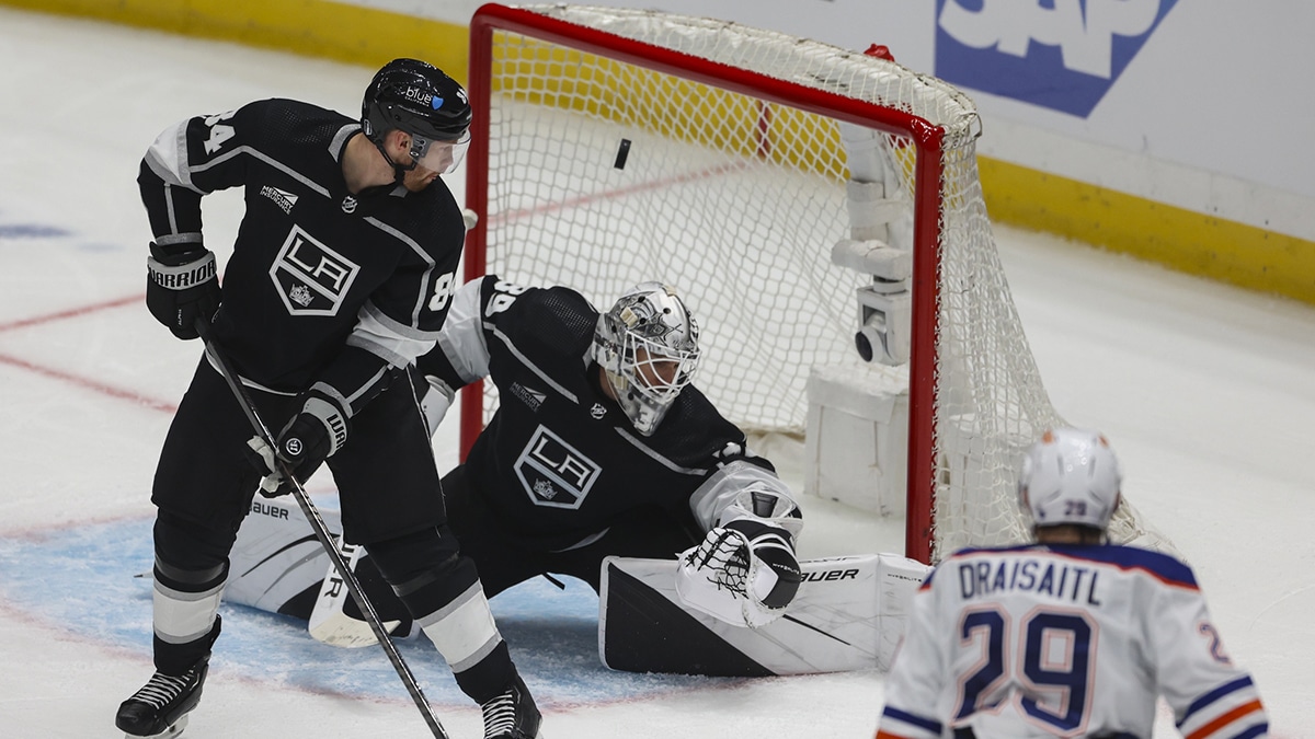 Los Angeles Kings goalie Cam Talbot (39) attempts to block a shot by Edmonton Oilers center Leon Draisaitl (29) in the third period of game three of the first round of the 2024 Stanley Cup Playoffs at Crypto.com Arena.