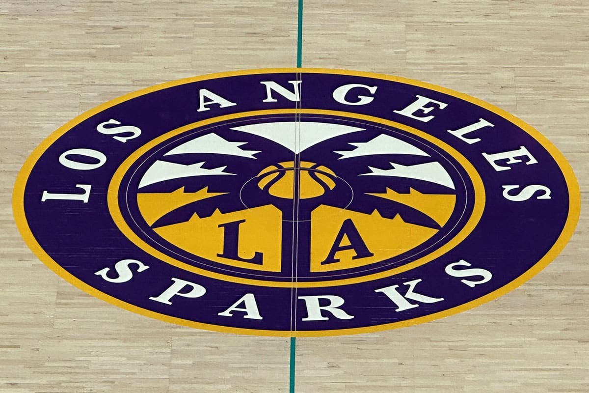 A general overall view of the LA Sparks logo at center court at Crypto.com Arena.