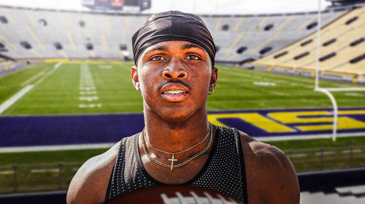 LSU football, Texas football, Ohio State football, Dakorien Moore, LSU football recruiting, Dakorien Moore with LSU football stadium in the background