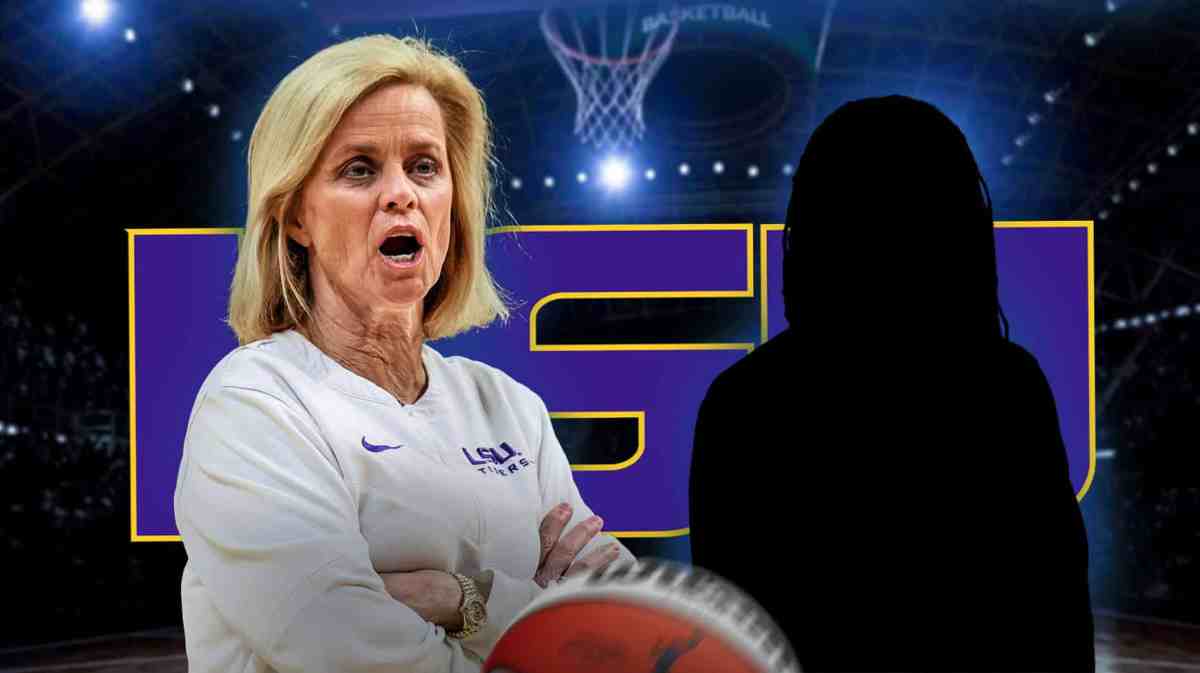 Seimone Augustus as a silhouette. Kim Mulkey. LSU logo in background.