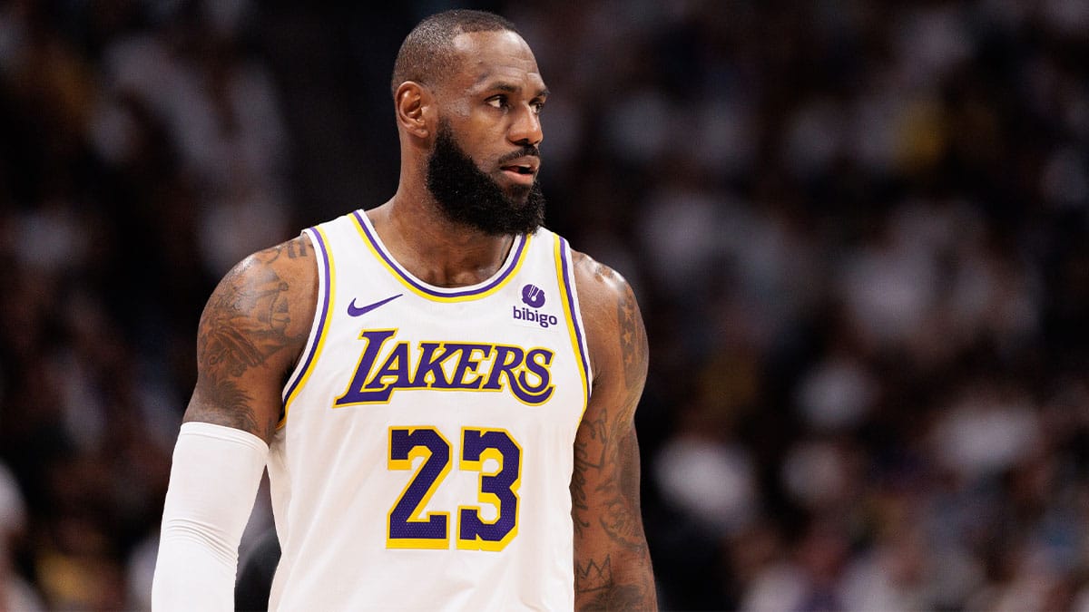 Los Angeles Lakers forward LeBron James (23) looks on during the third quarter against the Denver Nuggets in game one of the first round for the 2024 NBA playoffs at Ball Arena