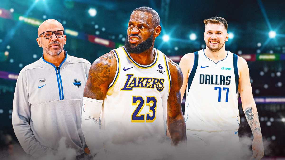 Lakers' LeBron James angry, with Mavericks' Jason Kidd and Luka Doncic smiling