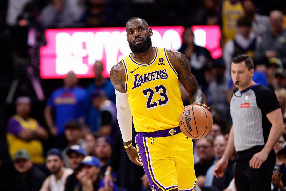 Los Angeles Lakers forward LeBron James (23) in the third quarter against the Denver Nuggets during game five of the first round for the 2024 NBA playoffs at Ball Arena. 