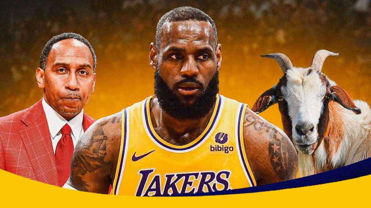 Lakers' LeBron James stands next to Stephen A Smith, GOAT, Darvin Ham in background