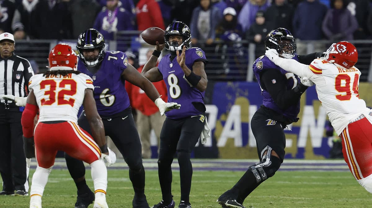 Baltimore Ravens quarterback Lamar Jackson (8) prepares to throw the ball during the second half against the Kansas City Chiefs in the AFC Championship football game at M&T Bank Stadium.