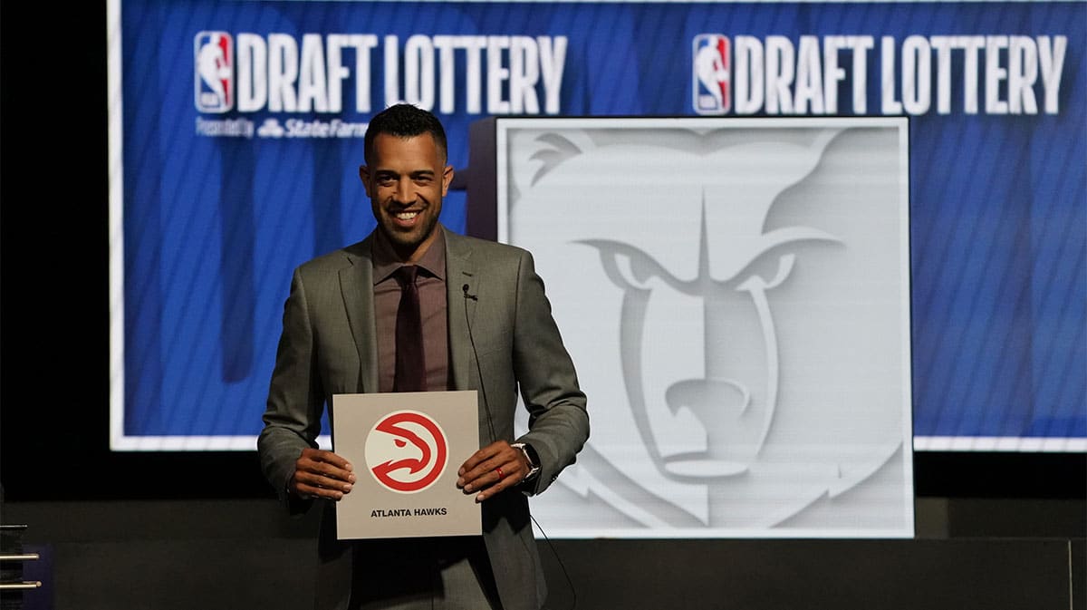 Atlanta Hawks general manager Landry Fields after the Hawks get the number one pick in the 2024 NBA Draft Lottery at McCormick Place West.