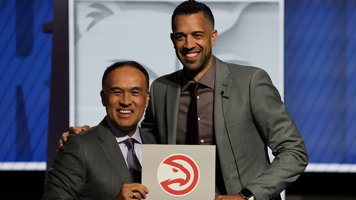 tlanta Hawks general manager Landry Fields (right) and Mark Tatum Deputy commissioner of the NBA after the Hawks get the number one pick in the 2024 NBA Draft Lottery at McCormick Place West.