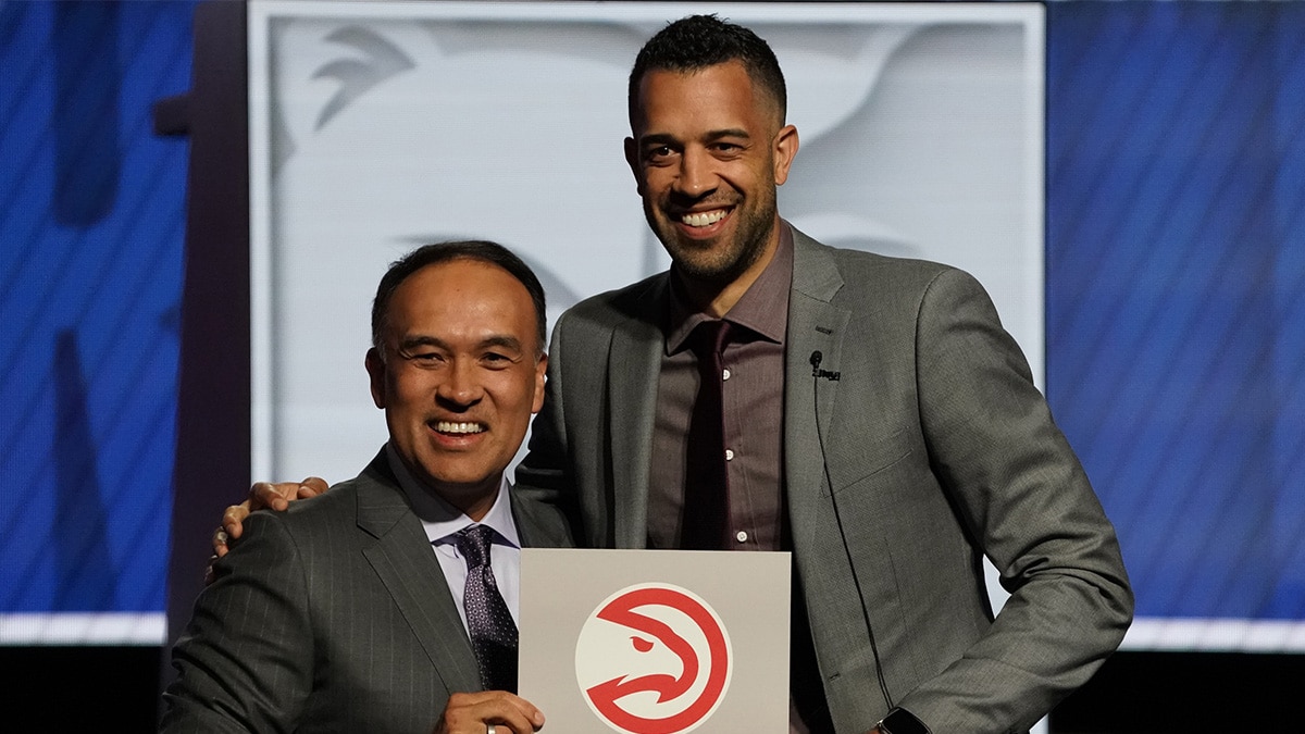  Atlanta Hawks general manager Landry Fields (right) and Mark Tatum Deputy commissioner of the NBA after the Hawks get the number one pick in the 2024 NBA Draft Lottery at McCormick Place West.