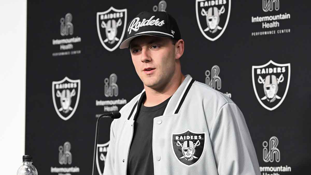 Apr 26, 2024; Henderson, NV, USA; Las Vegas Raiders tight end Brock Bowers speaks to the media at Intermountain Health Performance Center in Henderson, NV. Mandatory Credit: Candice Ward-USA TODAY Sports