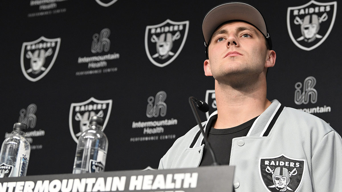 Las Vegas Raiders tight end Brock Bowers speaks to the media at Intermountain Health Performance Center in Henderson, NV.