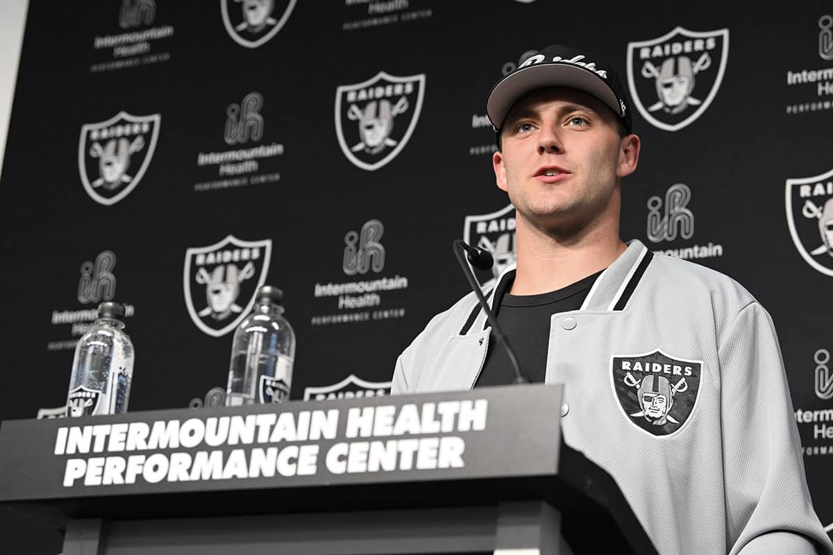 Las Vegas Raiders tight end Brock Bowers speaks to the media at Intermountain Health Performance Center in Henderson, NV. 