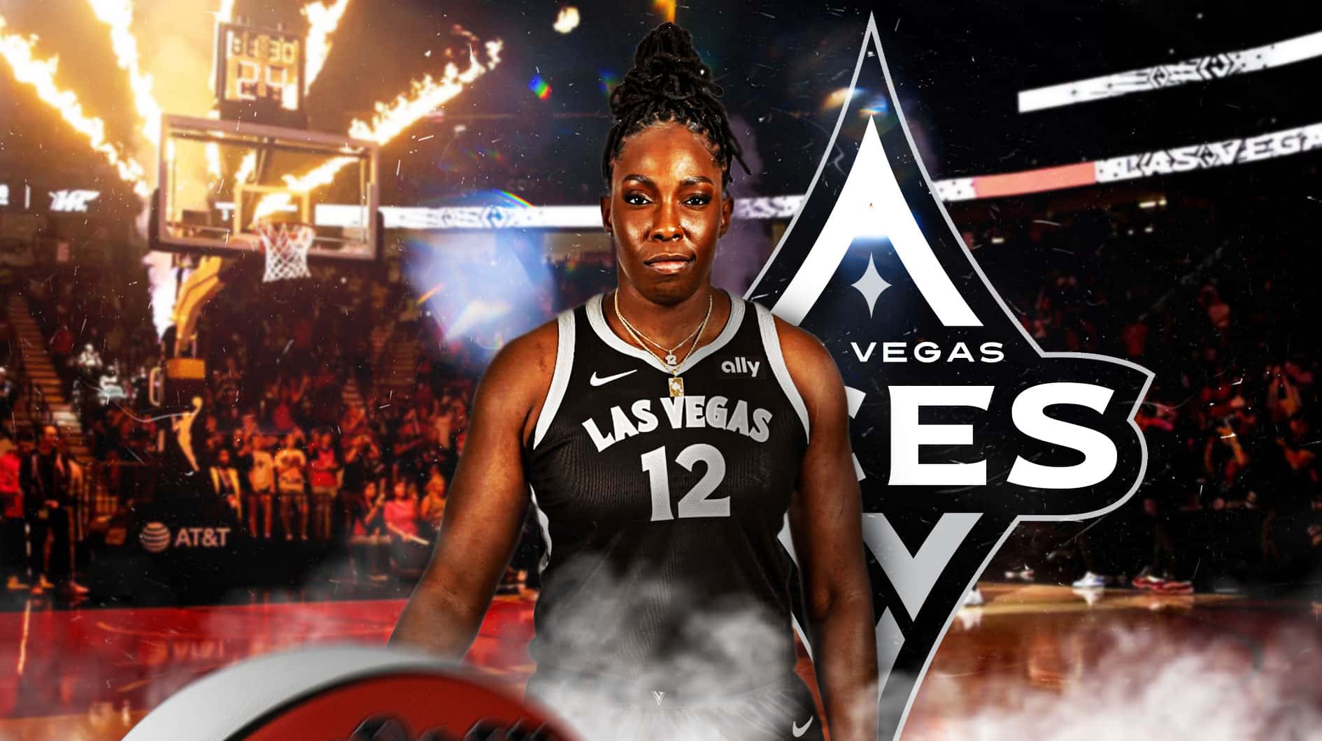 Chelsea Gray with the Aces arena in the background, injury