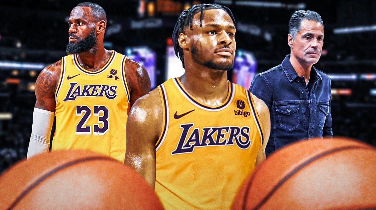 LeBron James, Bronny James and Rob Pelinka