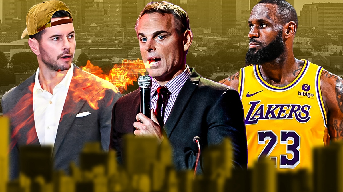 JJ Redick wearing a backwards hat. Colin Cowherd breathing fire at Redick. Have LeBron James looking at Cowherd and Redick looking serious.