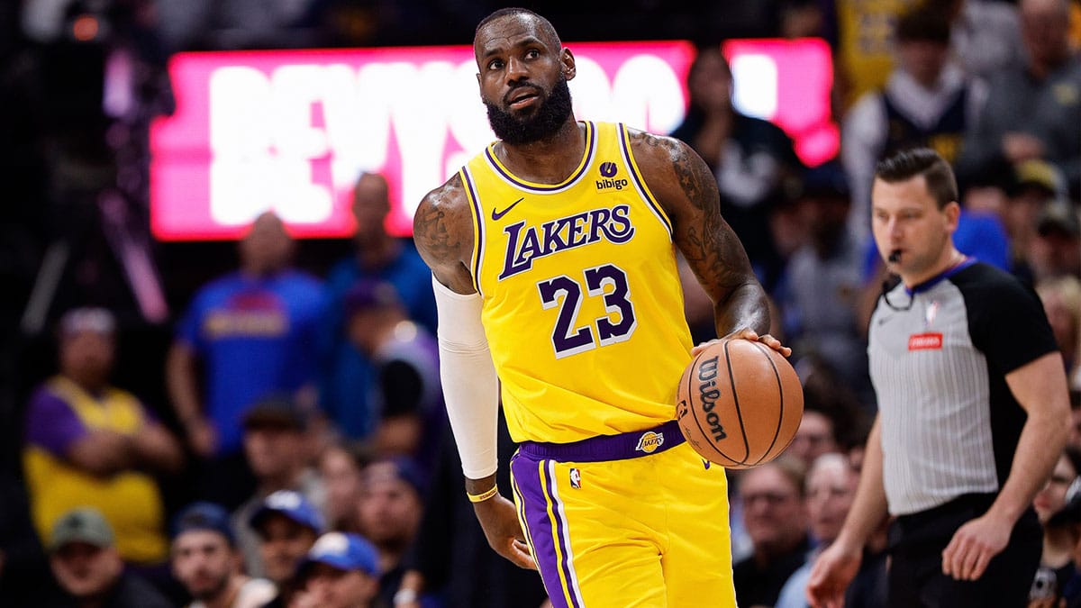 Los Angeles Lakers forward LeBron James (23) in the third quarter against the Denver Nuggets during game five of the first round for the 2024 NBA playoffs at Ball Arena.