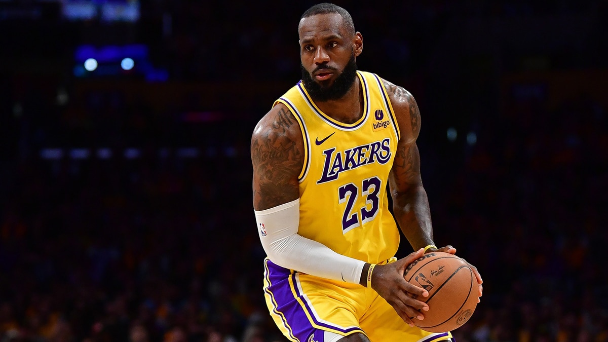 Los Angeles Lakers forward LeBron James (23) controls the ball against the Denver Nuggets during the second half in game three of the first round for the 2024 NBA playoffs at Crypto.com Arena.