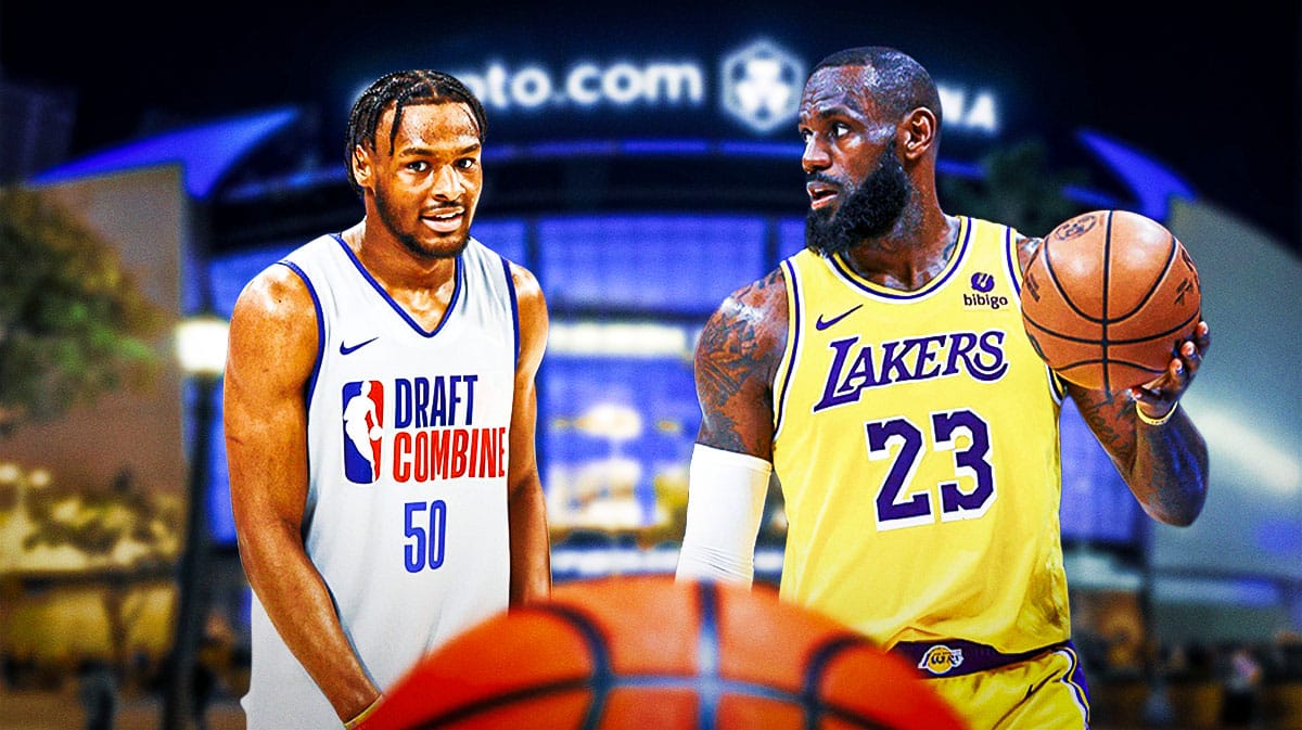 LeBron James and Bronny James outside Lakers arena.