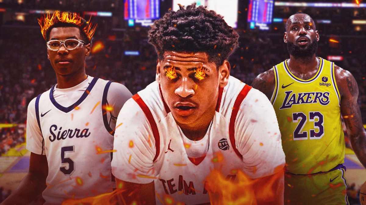 Bryce James with Lakers LeBron James and EYBL rival Kiyan Anthony